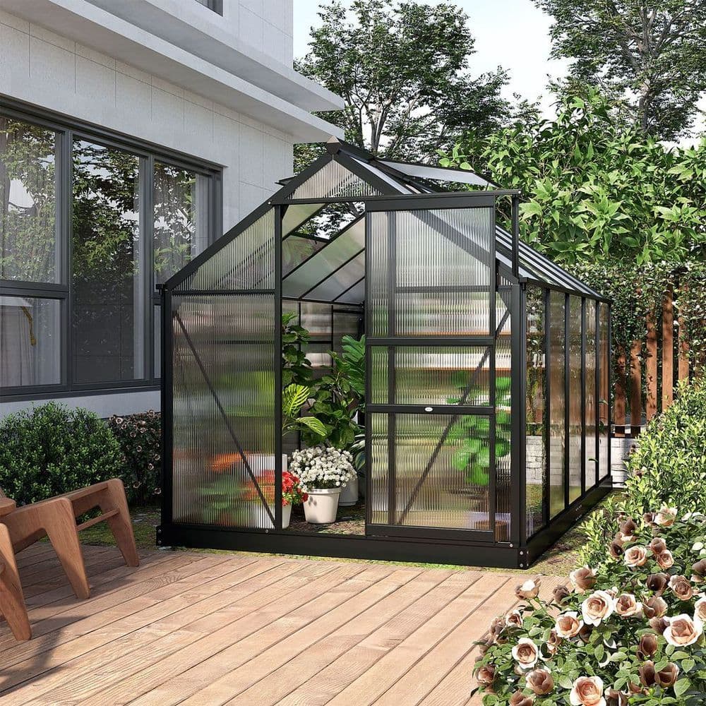 image-Polycarbonate Walk-In Garden Greenhouse Aluminium Frame w/ Slide Door 6 x 10ft