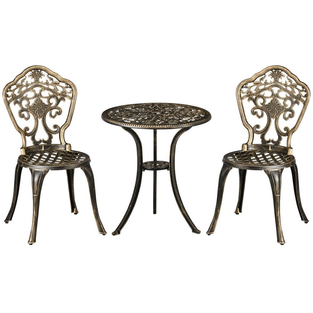 image-3 Piece Cast Aluminium Garden Bistro Set with Parasol Hole for Balcony, Patio