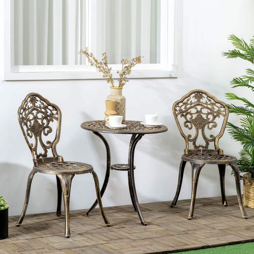 image-3 Piece Cast Aluminium Garden Bistro Set with Parasol Hole for Balcony, Patio