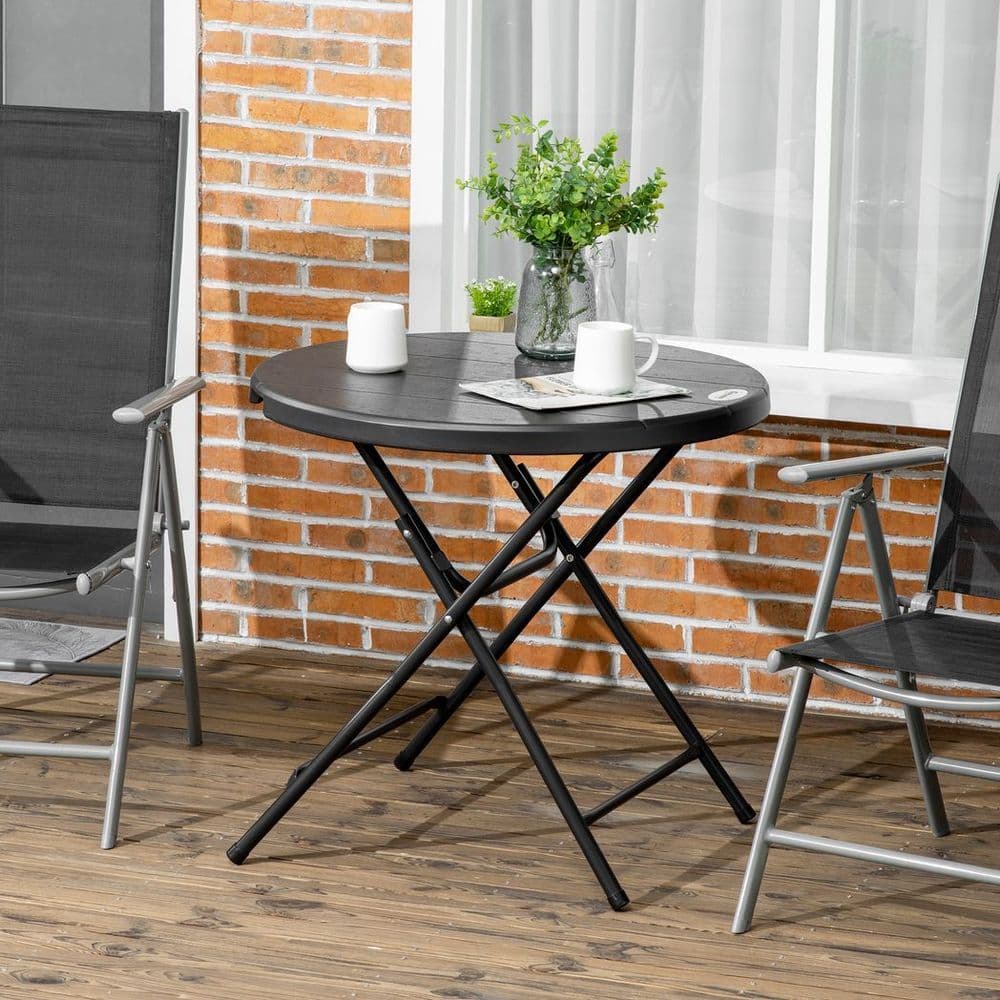 image-Foldable Garden Table for 4, Round Outdoor Dining Table with Steel Frame