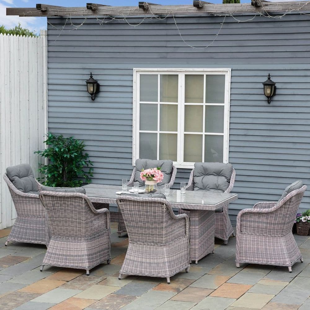 image-7 PCS Patio PE Rattan Wicker Dining Table Set Furniture w/ Tempered Glass