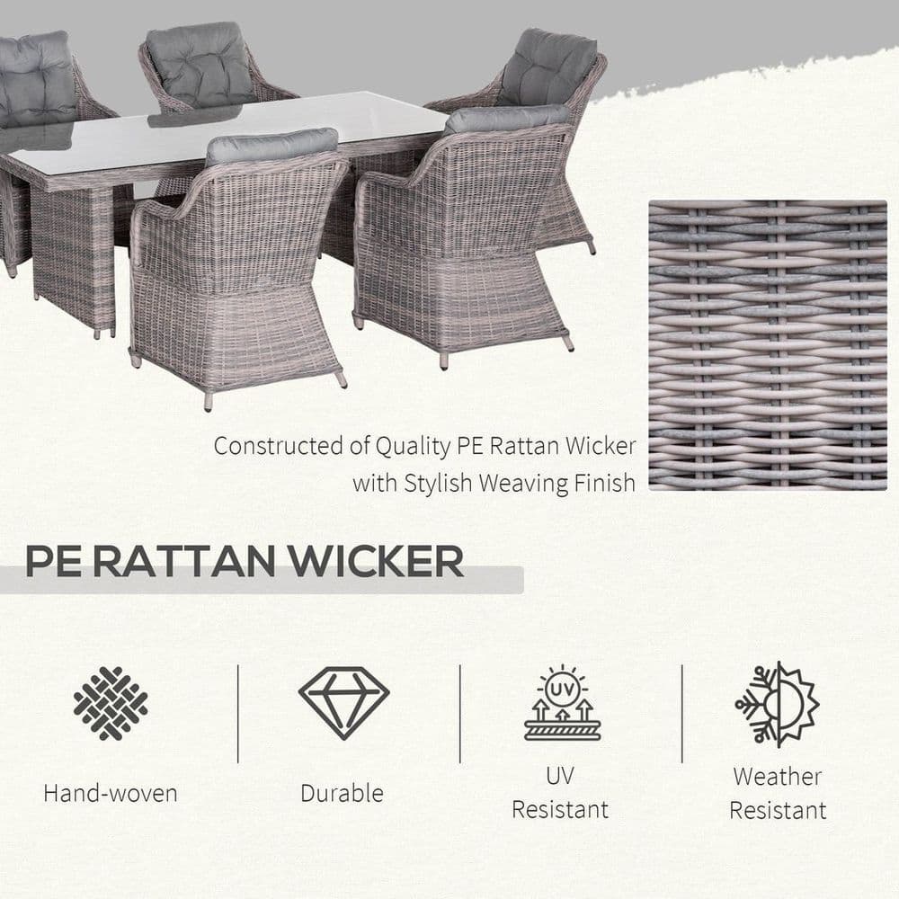 image-7 PCS Patio PE Rattan Wicker Dining Table Set Furniture w/ Tempered Glass