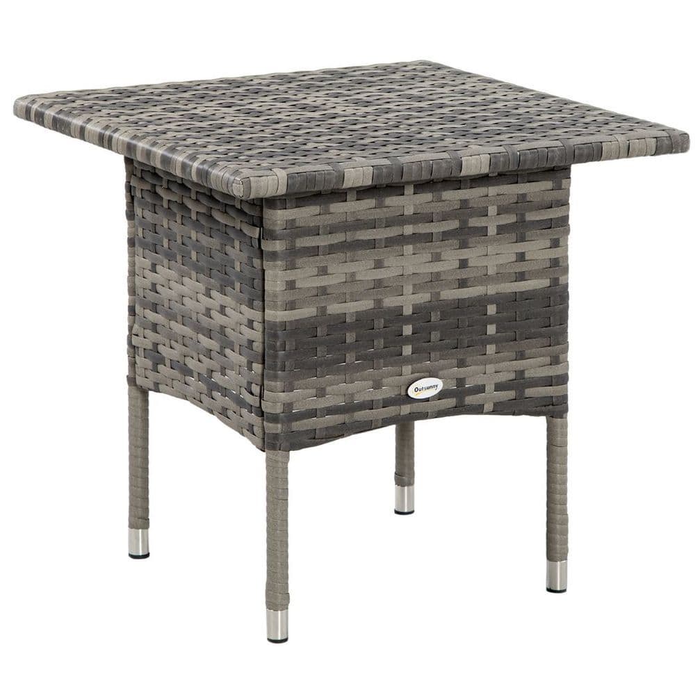 image-PE Rattan Outdoor Coffee Table, Rattan Side Table for Patio, Garden, Mixed Grey