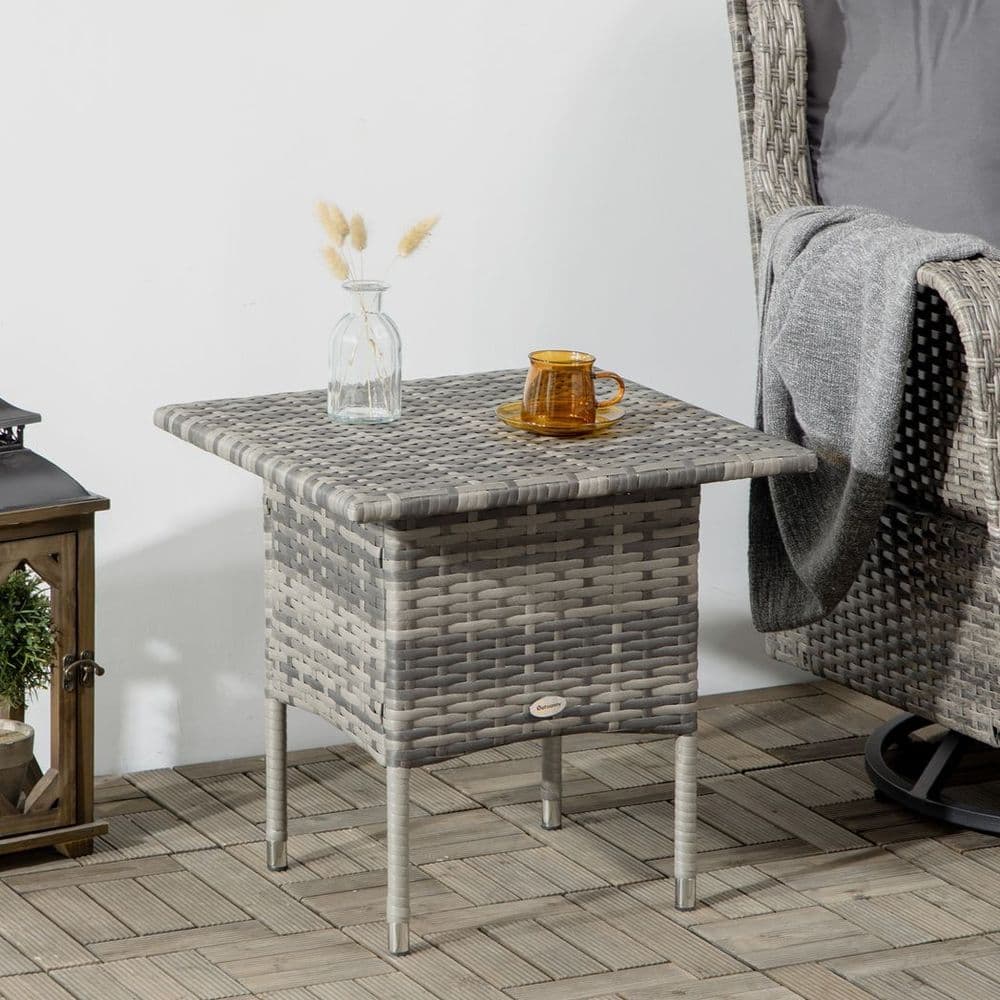 image-PE Rattan Outdoor Coffee Table, Rattan Side Table for Patio, Garden, Mixed Grey
