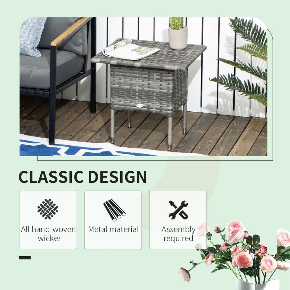 image-PE Rattan Outdoor Coffee Table, Rattan Side Table for Patio, Garden, Mixed Grey