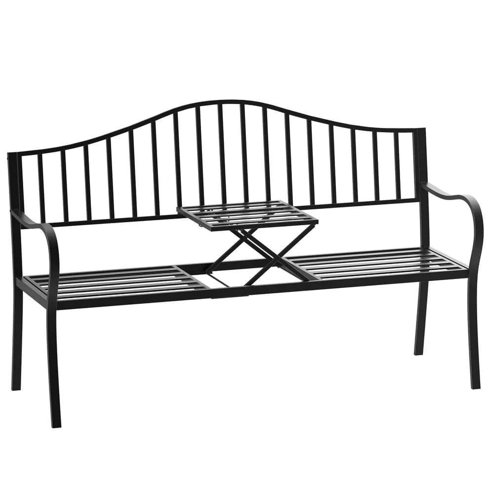 image-Outdoor Metal Frame 2 Seater Bench Patio Park Garden Seating Chair w/ Table