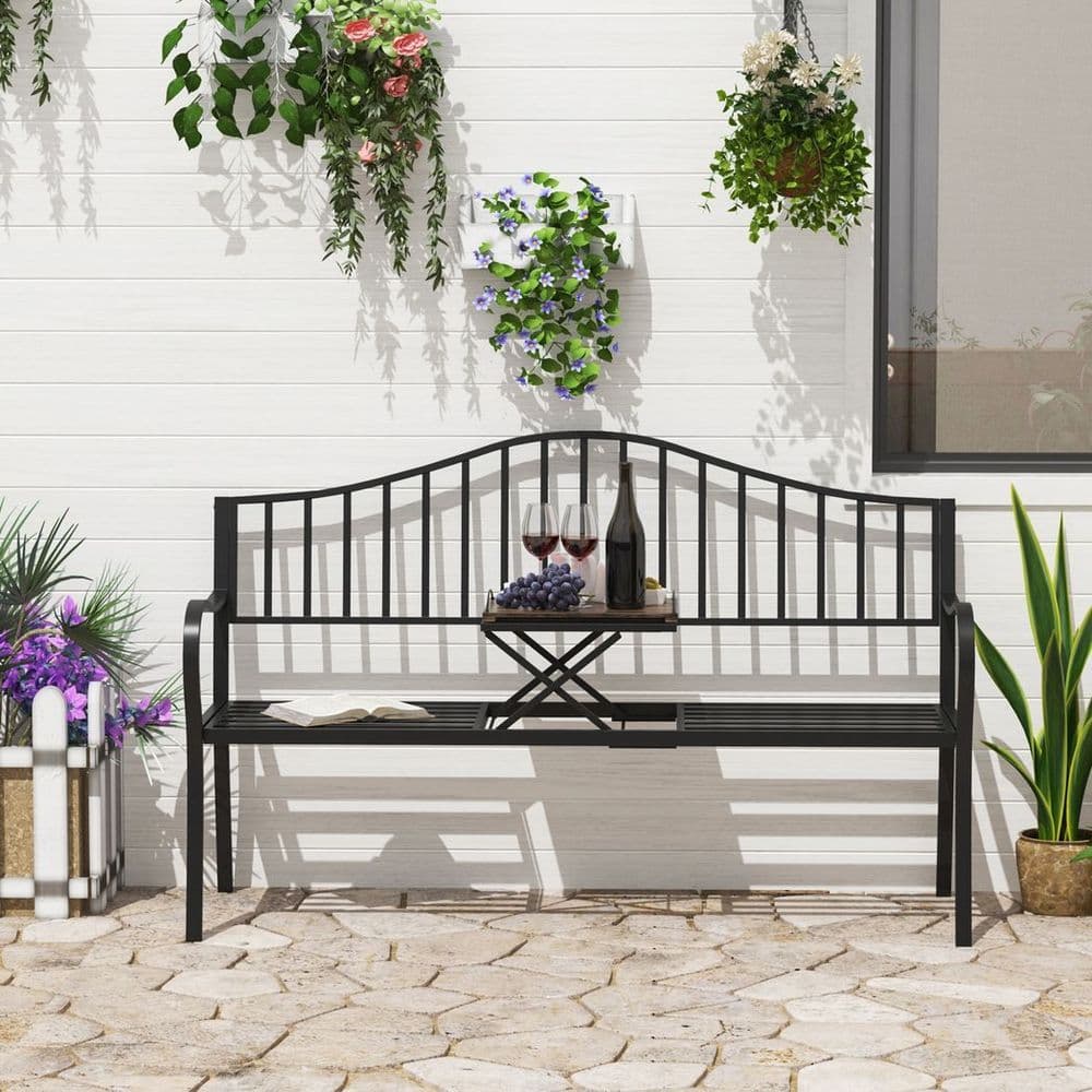 image-Outdoor Metal Frame 2 Seater Bench Patio Park Garden Seating Chair w/ Table