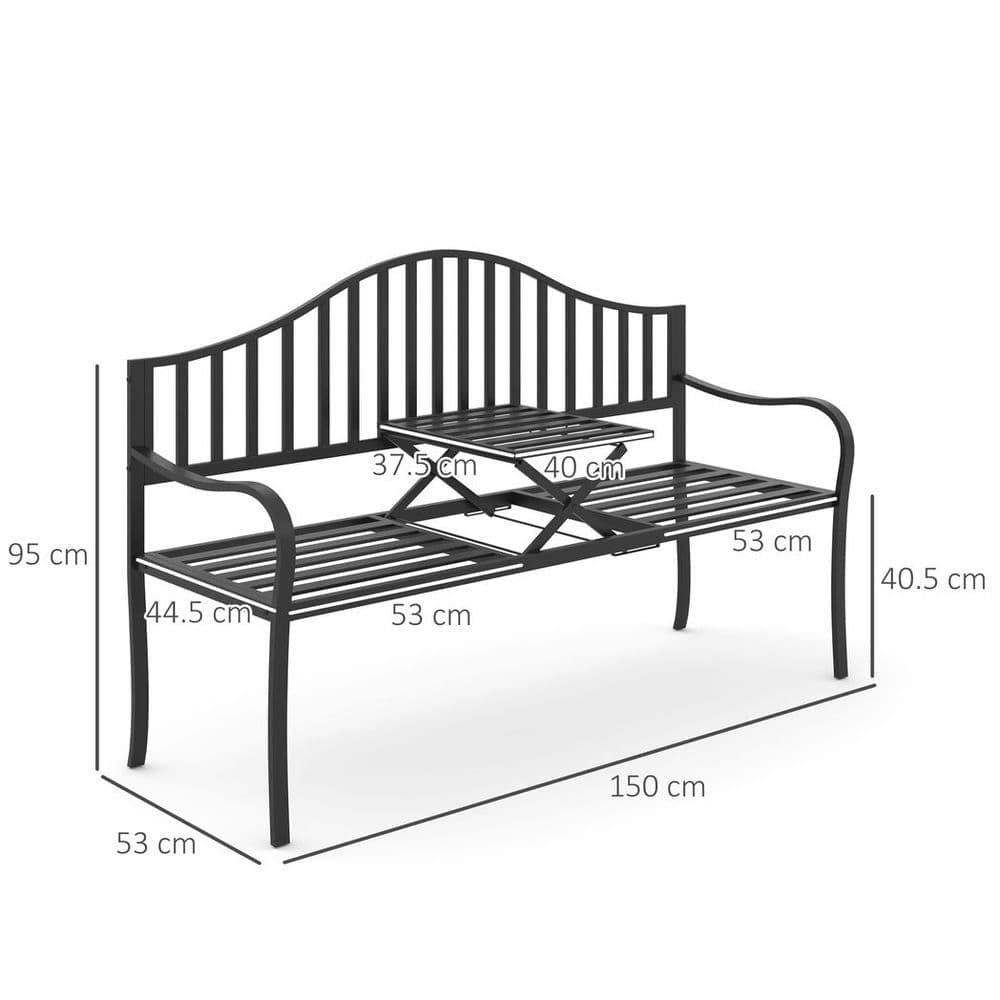 image-Outdoor Metal Frame 2 Seater Bench Patio Park Garden Seating Chair w/ Table