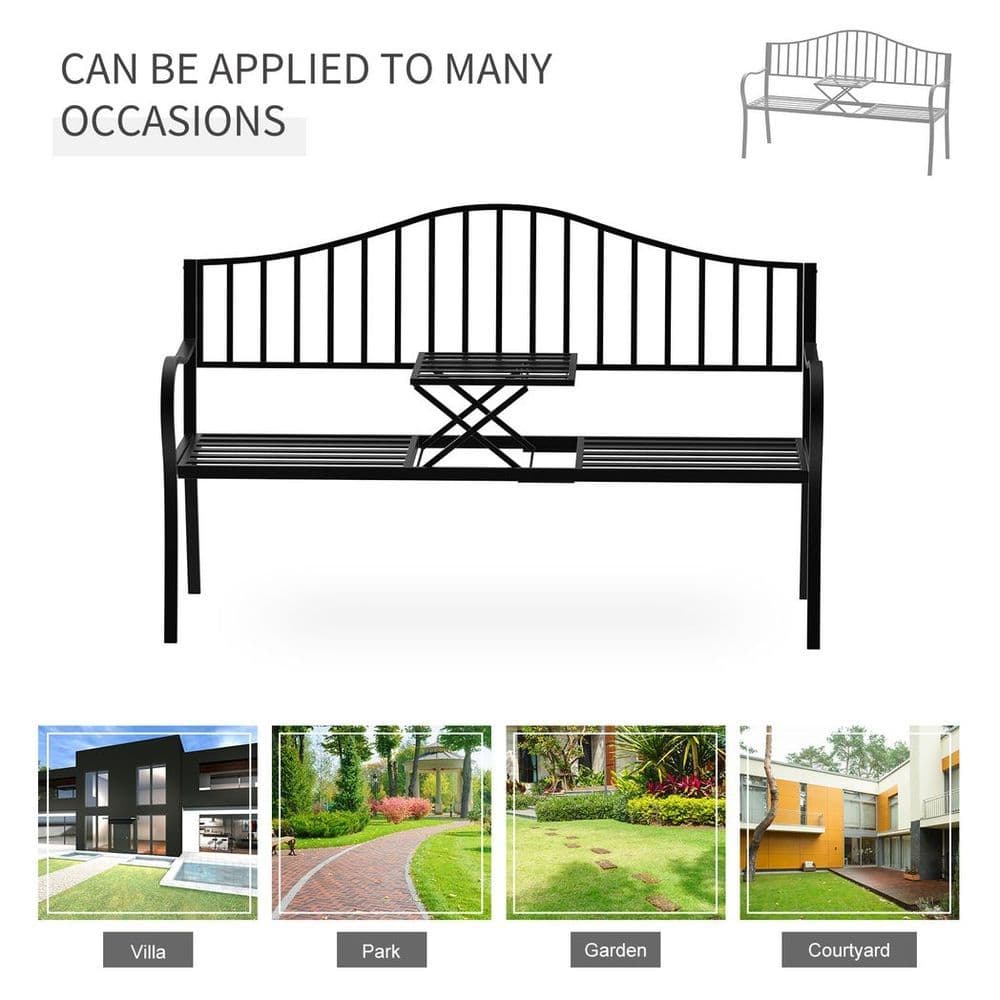 image-Outdoor Metal Frame 2 Seater Bench Patio Park Garden Seating Chair w/ Table