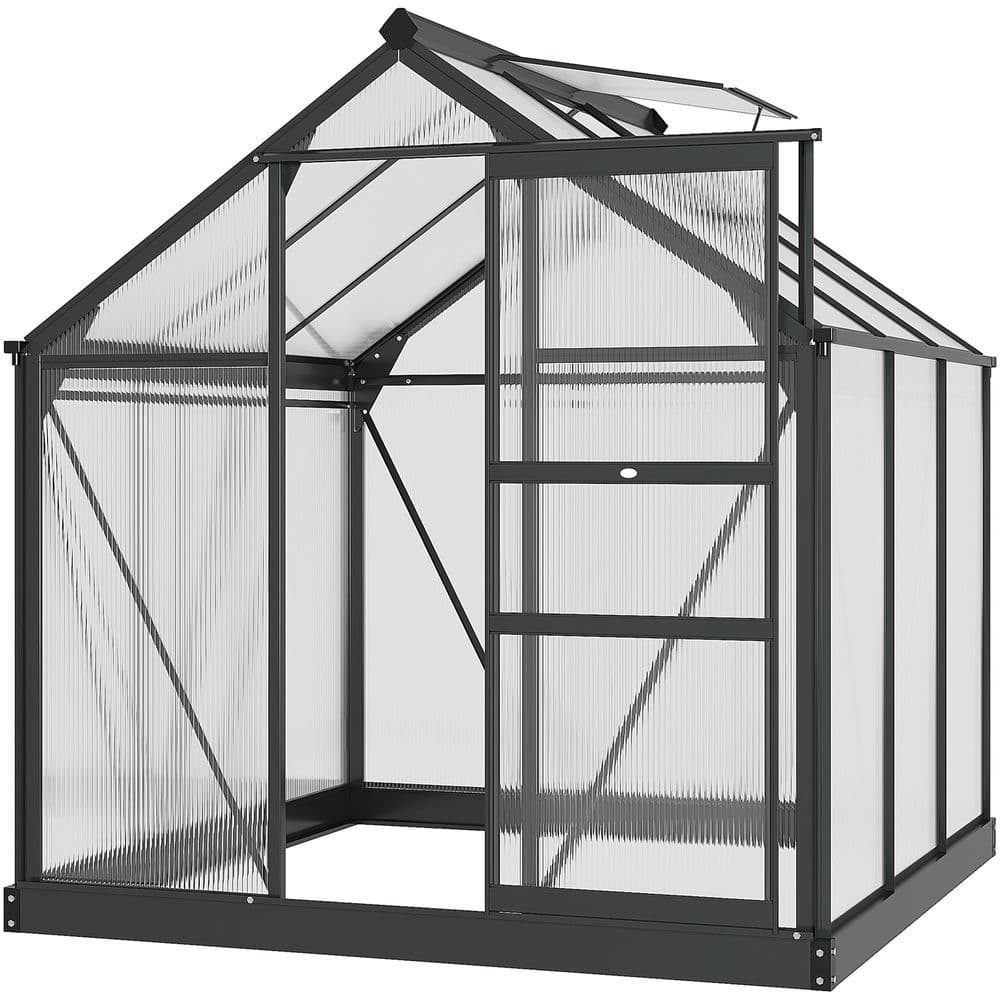 image-Polycarbonate Walk-In Garden Greenhouse Aluminium Frame w/ Slide Door 6 x 6ft