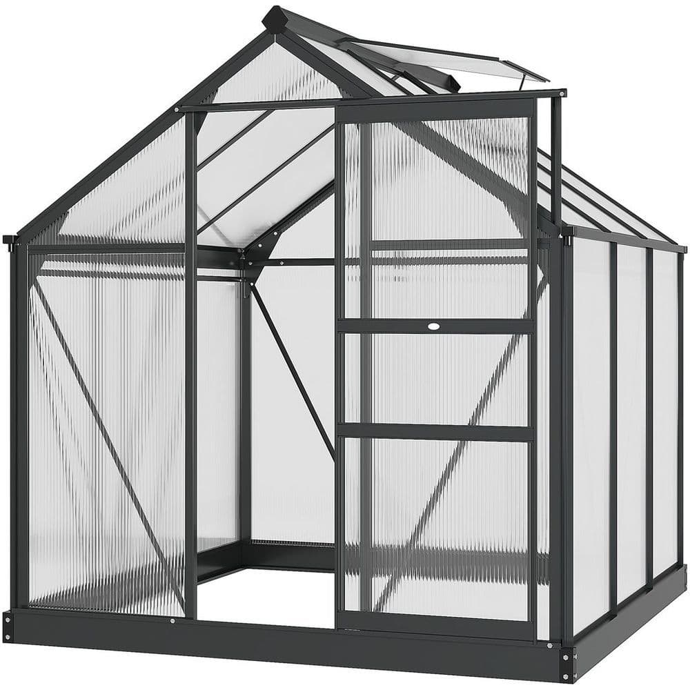 image-Polycarbonate Walk-In Garden Greenhouse Aluminium Frame w/ Slide Door 6 x 6ft
