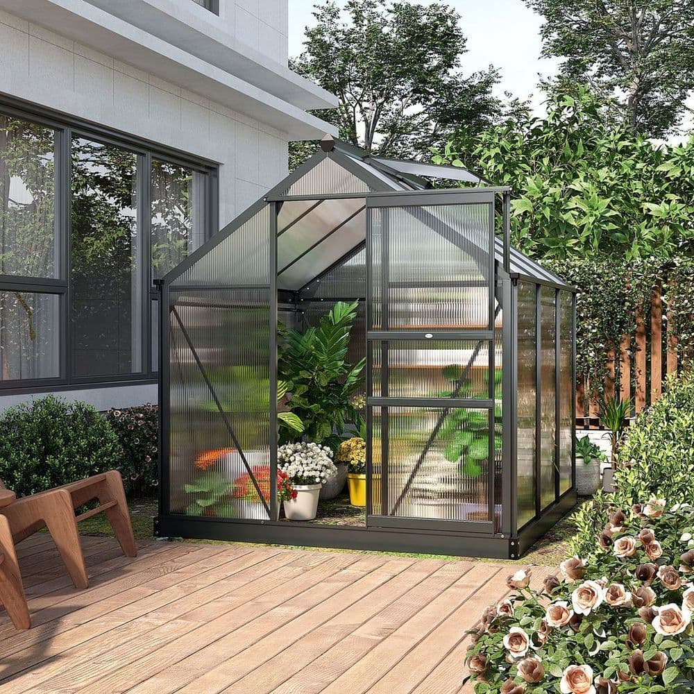 image-Polycarbonate Walk-In Garden Greenhouse Aluminium Frame w/ Slide Door 6 x 6ft