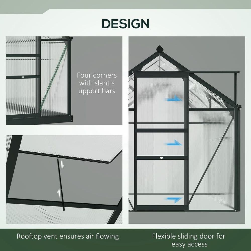 image-Polycarbonate Walk-In Garden Greenhouse Aluminium Frame w/ Slide Door 6 x 6ft
