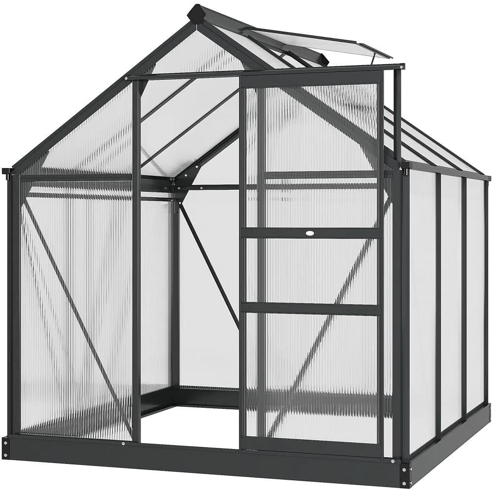 image-Polycarbonate Walk-In Garden Greenhouse Aluminium Frame w/ Slide Door 6 x 6ft