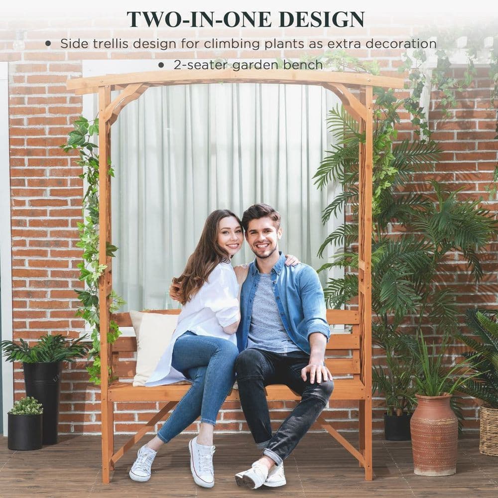 image-Patio Garden Bench, Arch Pergola with Natural Wooden Garden Arbour with Seat
