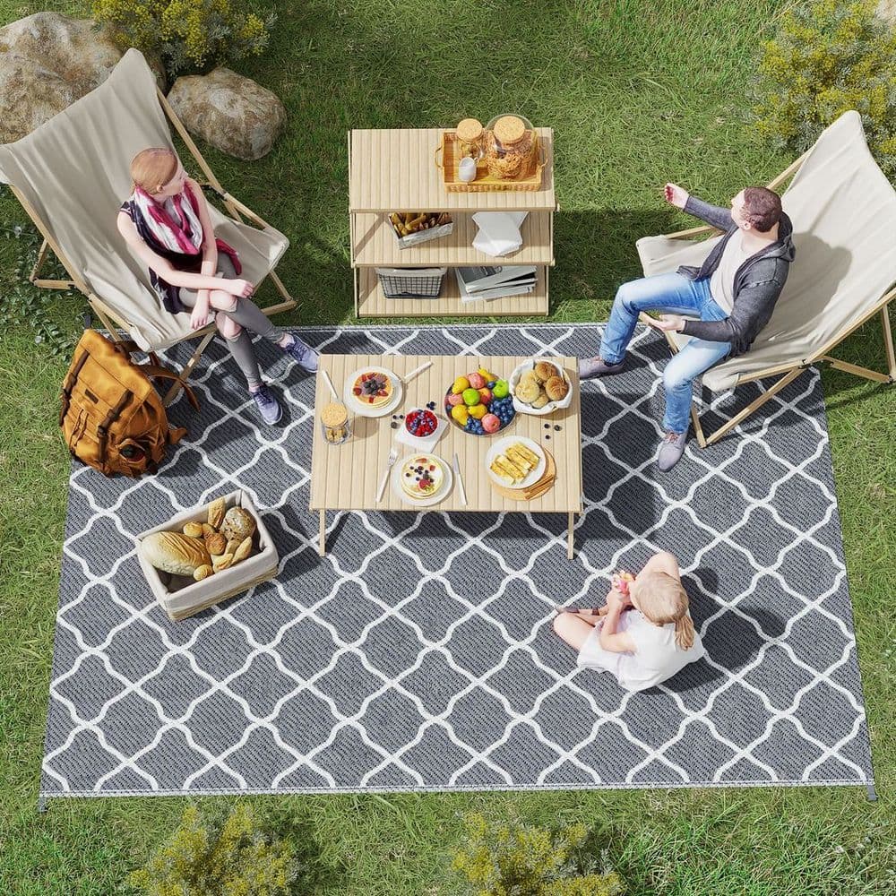 image-Reversible Outdoor Rug W/ Carry Bag for RV Camping Beach, 182 x 274 cm, Grey