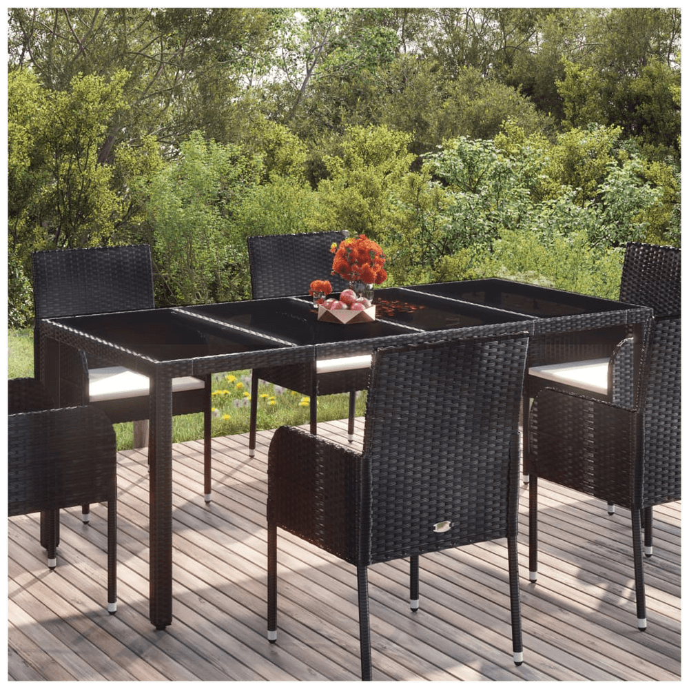 image-Garden Table with Glass Top Black 190x90x75 cm Poly Rattan