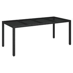 image-Garden Table with Glass Top Black 190x90x75 cm Poly Rattan