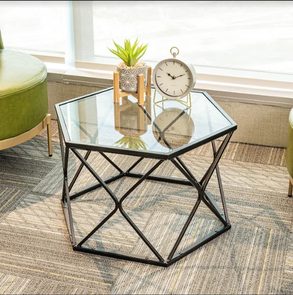 image-Hexagon Tempered Glass Black Coffee Side Table (Big) - SLENDER