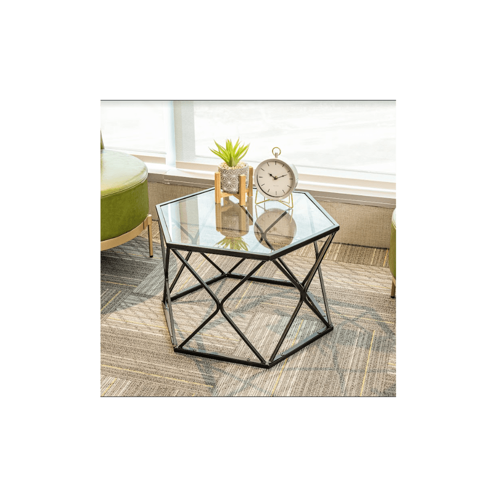 image-Hexagon Tempered Glass Black Coffee Side Table (Big) - SLENDER