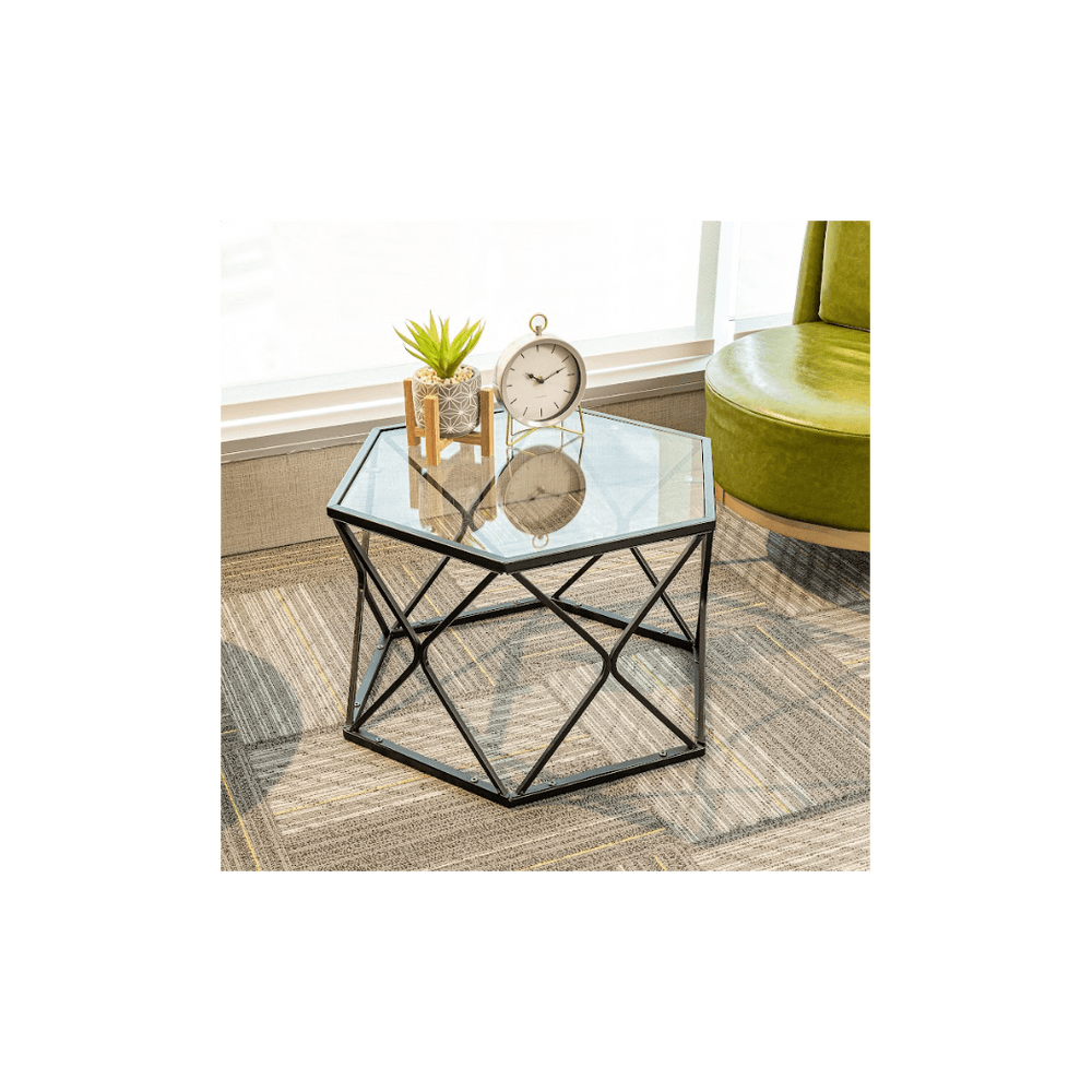 image-Hexagon Tempered Glass Black Coffee Side Table (Big) - SLENDER