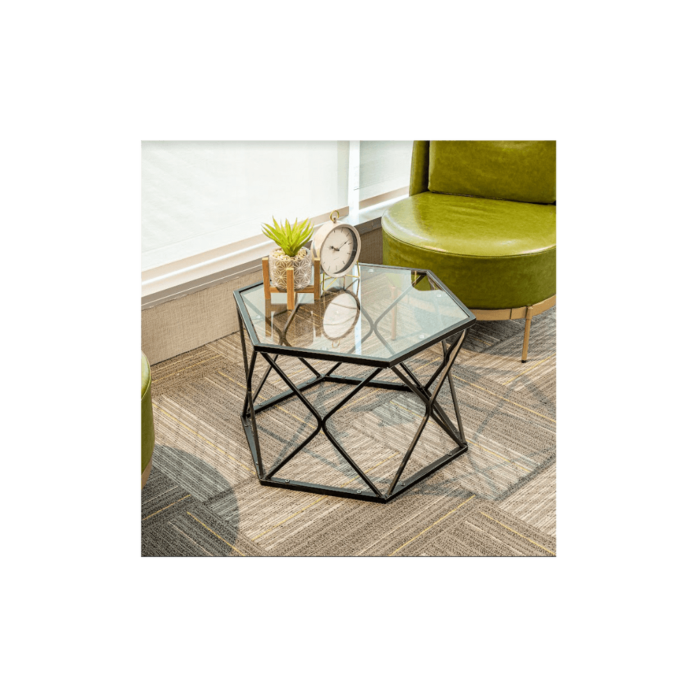 image-Hexagon Tempered Glass Black Coffee Side Table (Big) - SLENDER
