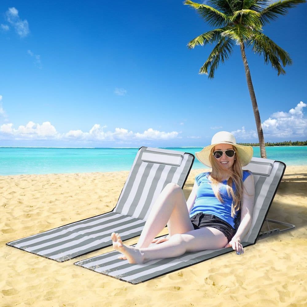 image-Outsunny 2 Pieces Outdoor Beach Mat Steel Reclining Chair Set w/ Pillow Grey