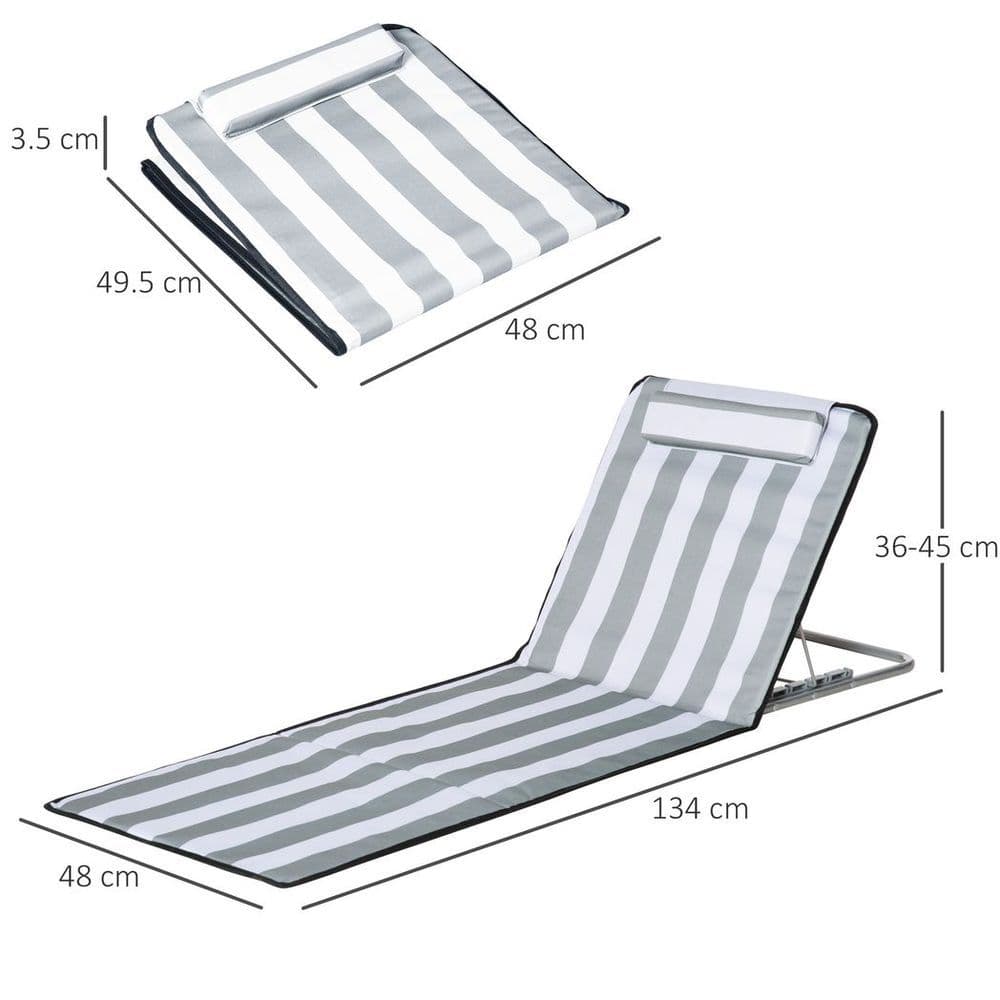 image-Outsunny 2 Pieces Outdoor Beach Mat Steel Reclining Chair Set w/ Pillow Grey