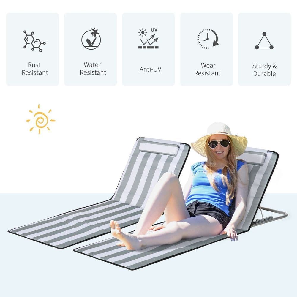 image-Outsunny 2 Pieces Outdoor Beach Mat Steel Reclining Chair Set w/ Pillow Grey