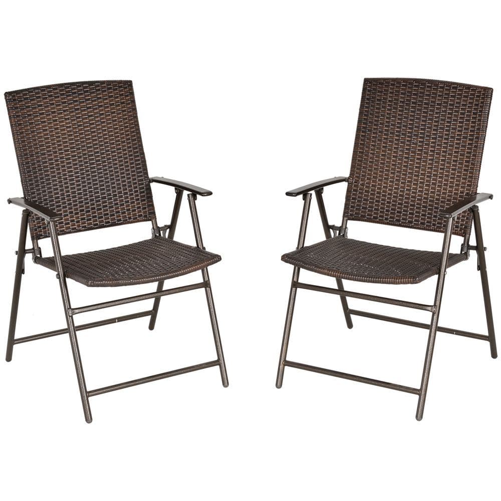 image-Outsunny 2pcs Rattan Chair Foldable Garden Furniture w/ Armrest Steel Frame