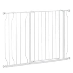 image-PawHut Dog Gate Wide Stair Gate w/ Door Pressure Fit, 75-115W cm, White
