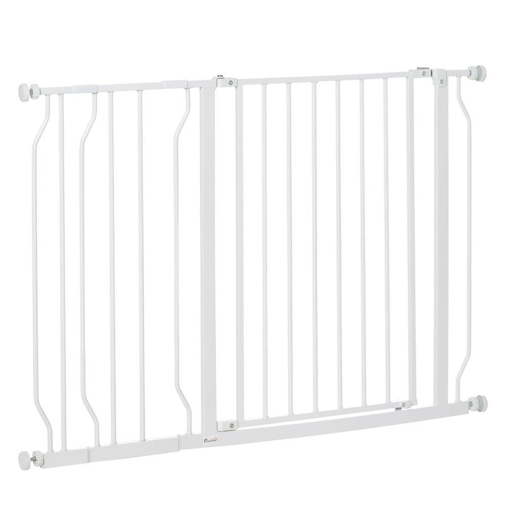 image-PawHut Dog Gate Wide Stair Gate w/ Door Pressure Fit, 75-115W cm, White