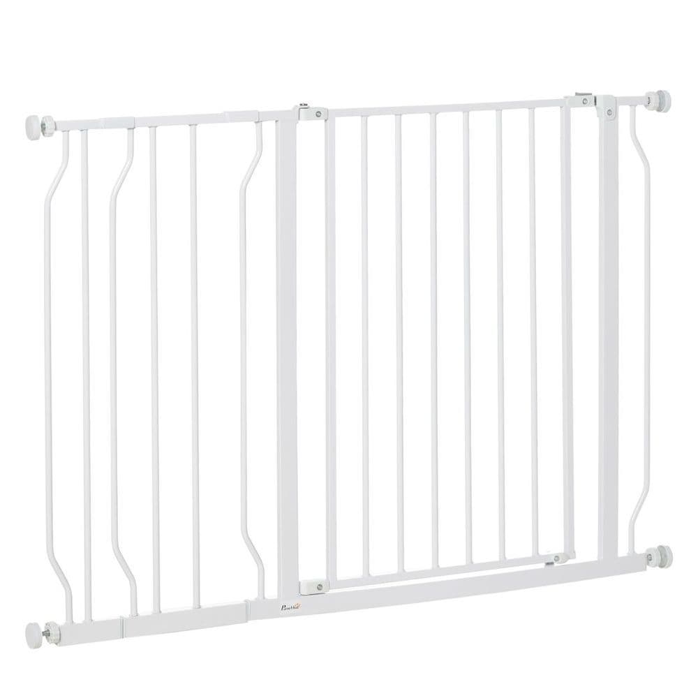 image-PawHut Dog Gate Wide Stair Gate w/ Door Pressure Fit, 75-115W cm, White