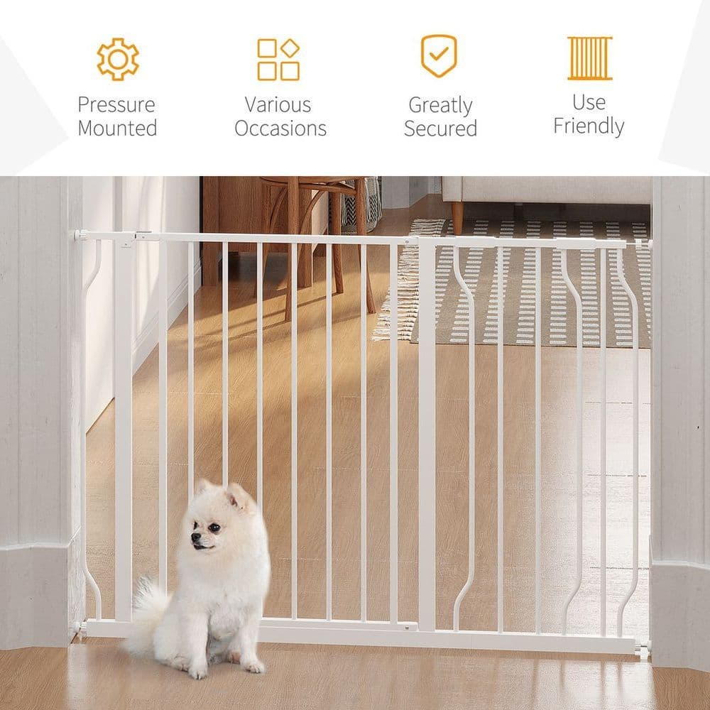 image-PawHut Dog Gate Wide Stair Gate w/ Door Pressure Fit, 75-115W cm, White