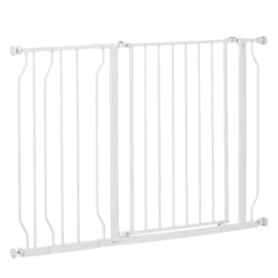 image-PawHut Dog Gate Wide Stair Gate w/ Door Pressure Fit, 75-115W cm, White