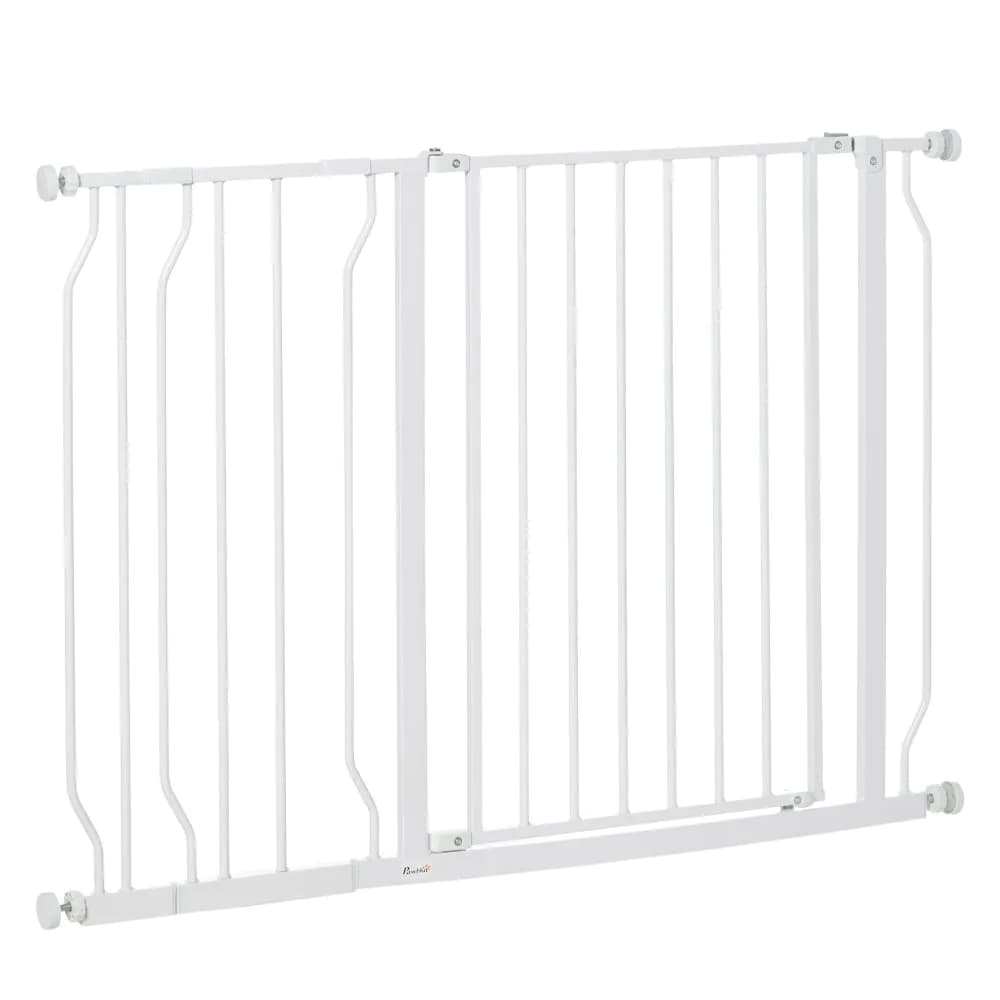image-PawHut Dog Gate Wide Stair Gate w/ Door Pressure Fit, 75-115W cm, White