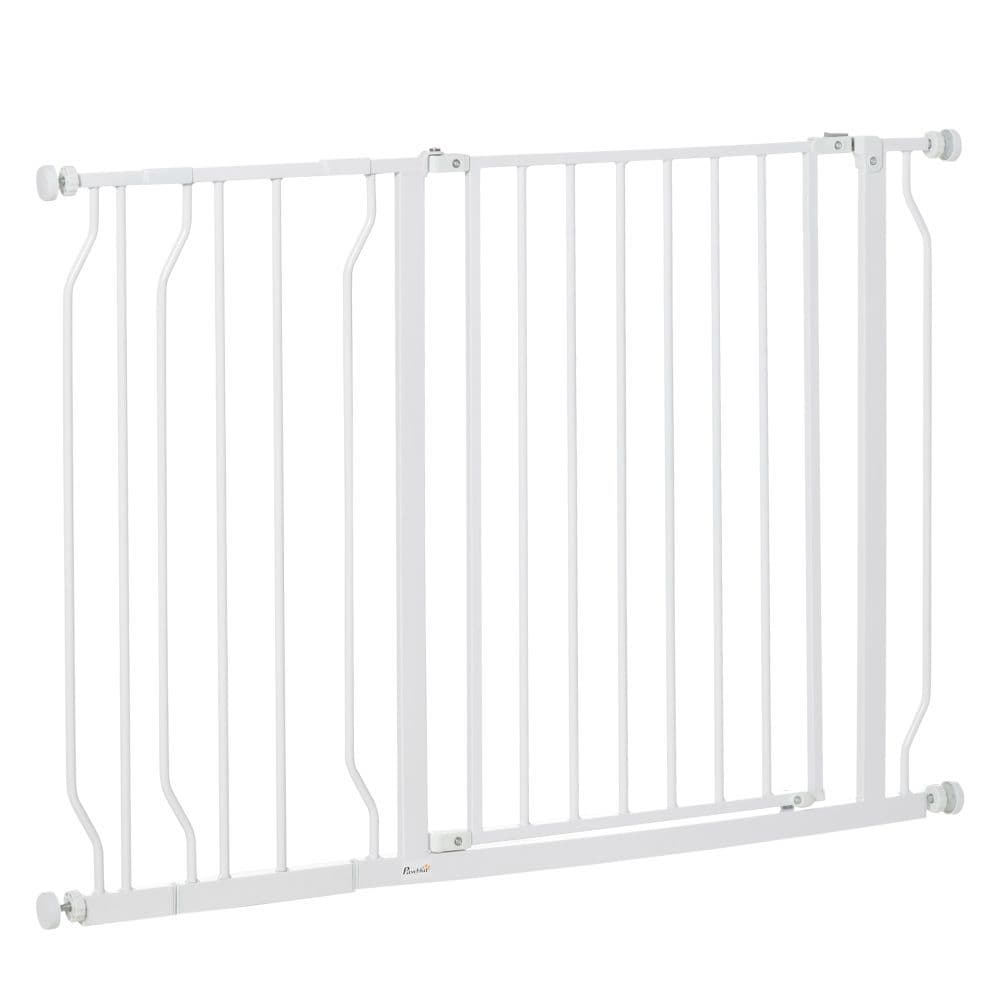 image-PawHut Dog Gate Wide Stair Gate w/ Door Pressure Fit, 75-115W cm, White