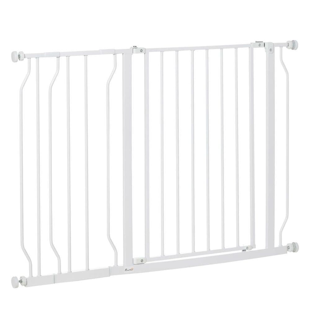 image-PawHut Dog Gate Wide Stair Gate w/ Door Pressure Fit, 75-115W cm, White