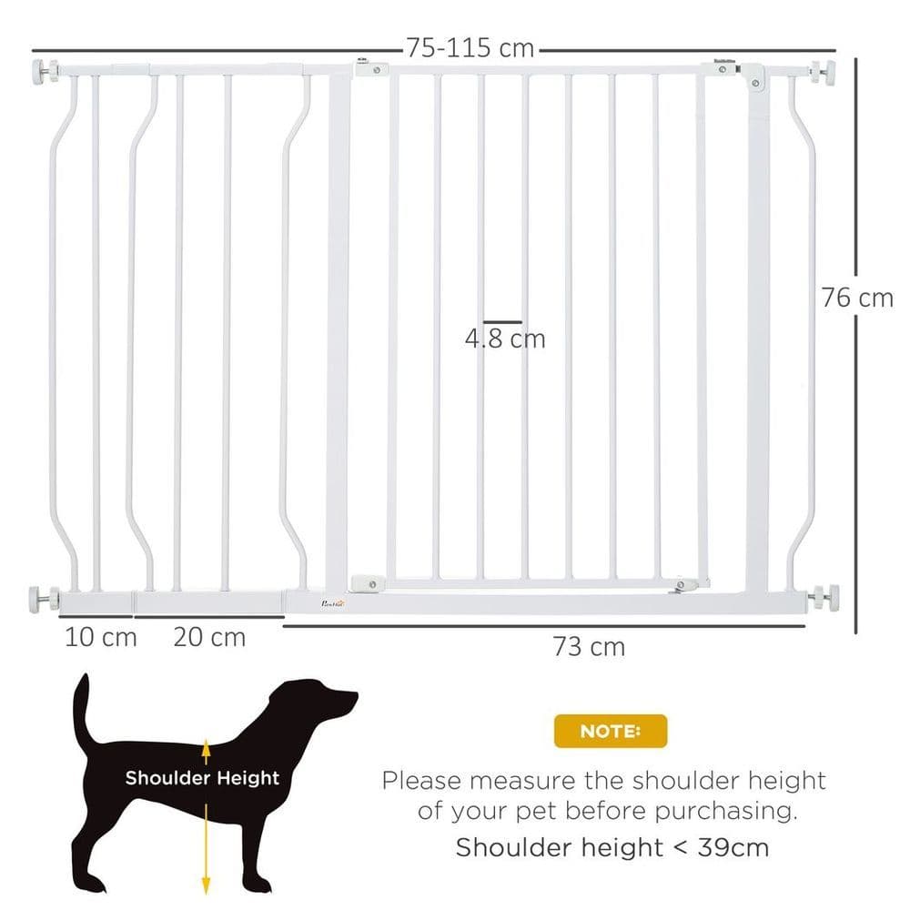 image-PawHut Dog Gate Wide Stair Gate w/ Door Pressure Fit, 75-115W cm, White