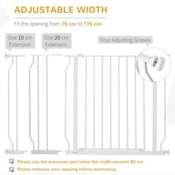 image-PawHut Dog Gate Wide Stair Gate w/ Door Pressure Fit, 75-115W cm, White