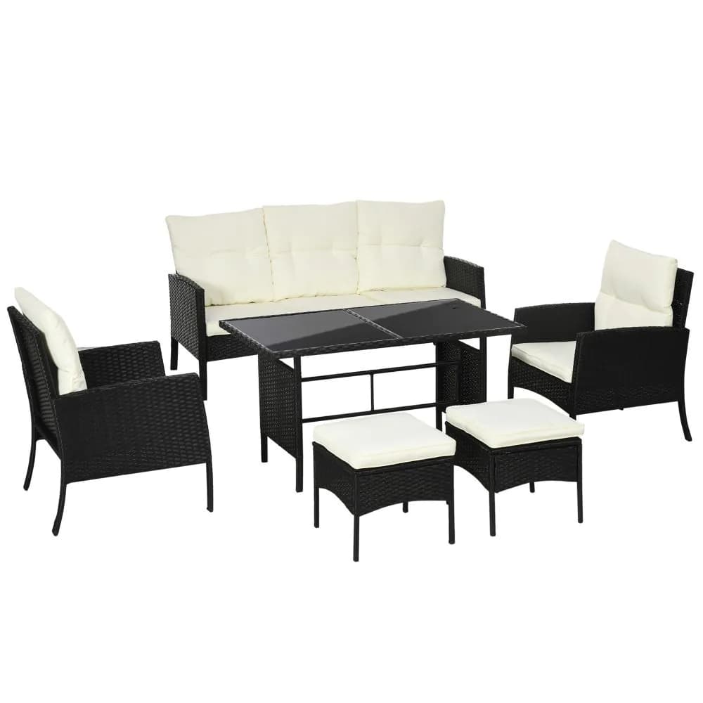 image-Outsunny Rattan Garden Furniture Sofa Set, 2 Armchairs 2 Footstools Table White
