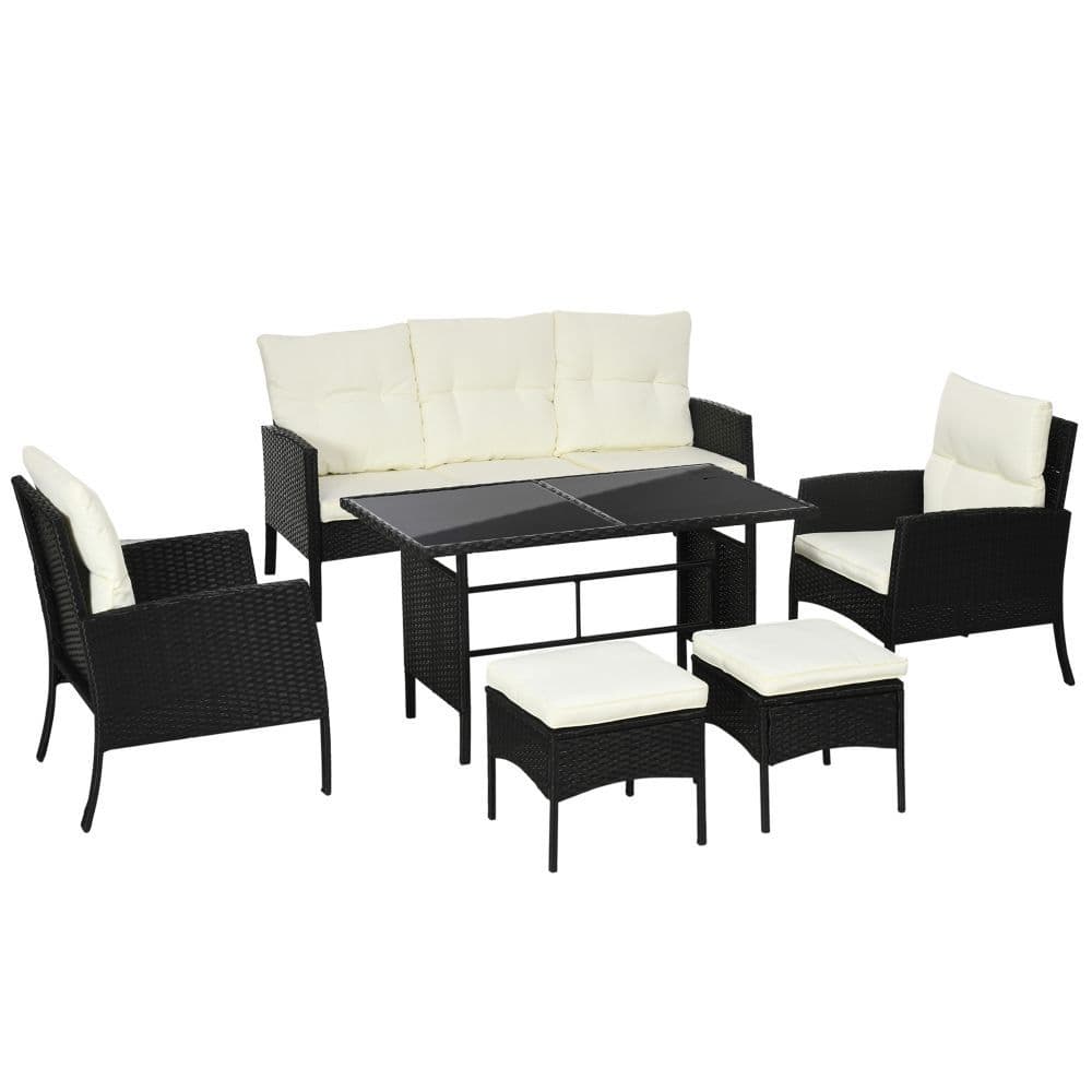 image-Outsunny Rattan Garden Furniture Sofa Set, 2 Armchairs 2 Footstools Table White