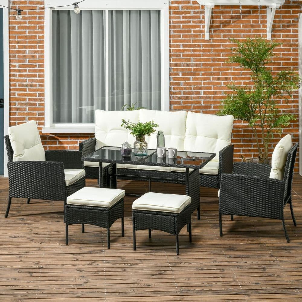 image-Outsunny Rattan Garden Furniture Sofa Set, 2 Armchairs 2 Footstools Table White