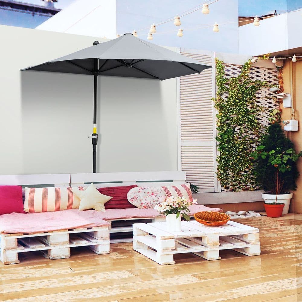 image-Outsunny 2m Half Garden Parasol Market Umbrella w/ Crank Handle, Base Dark Grey