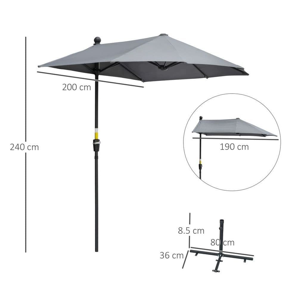 image-Outsunny 2m Half Garden Parasol Market Umbrella w/ Crank Handle, Base Dark Grey