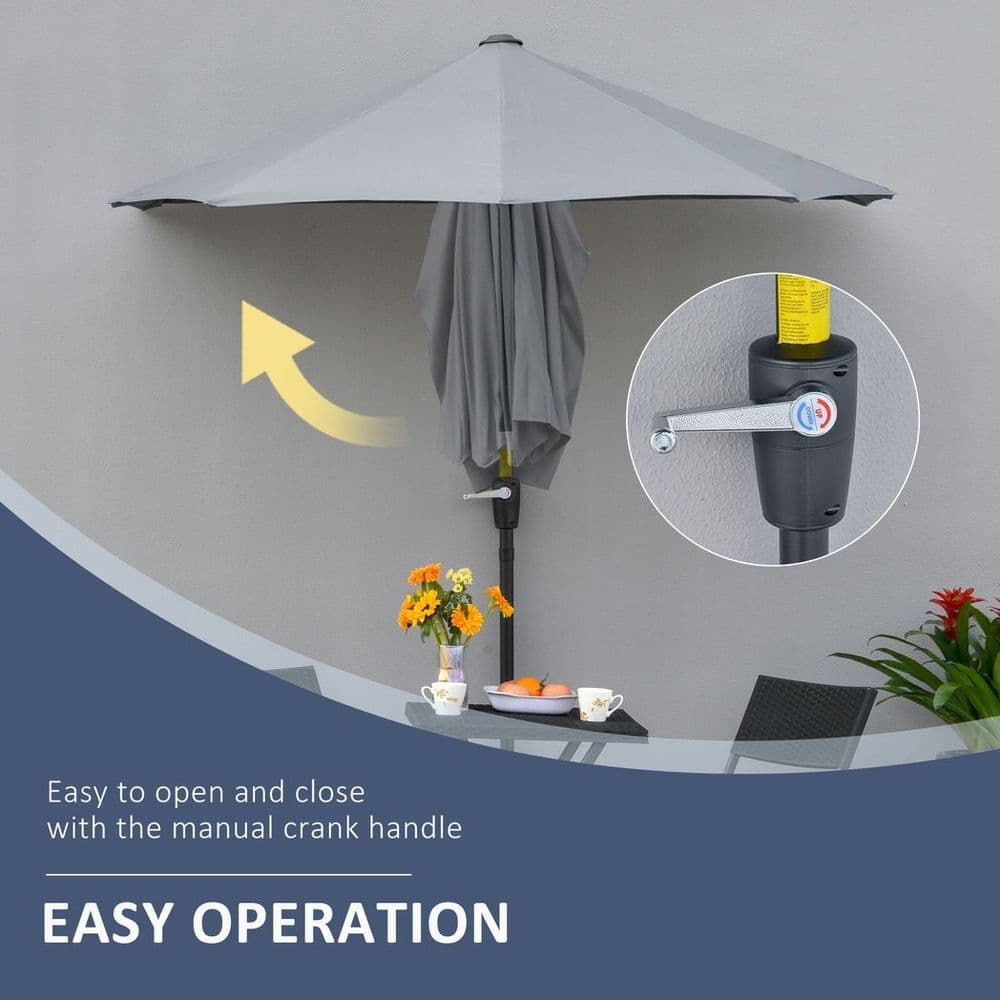 image-Outsunny 2m Half Garden Parasol Market Umbrella w/ Crank Handle, Base Dark Grey
