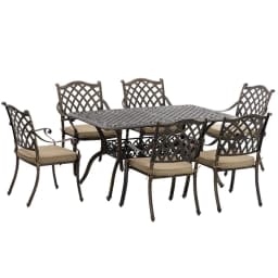 image-Outsunny 7-PC Cast Aluminum Patio Dining Set w/ Umbrella Hole & Cushion, Bronze
