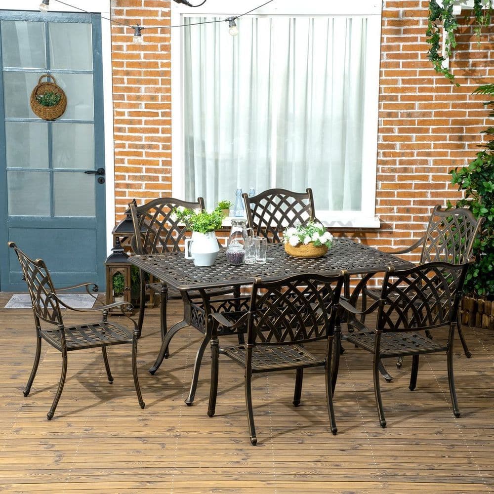 image-Outsunny 7-PC Cast Aluminum Patio Dining Set w/ Umbrella Hole & Cushion, Bronze