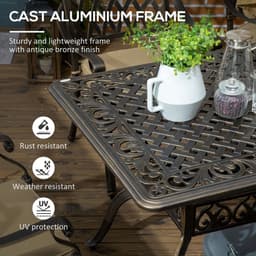 image-Outsunny 7-PC Cast Aluminum Patio Dining Set w/ Umbrella Hole & Cushion, Bronze