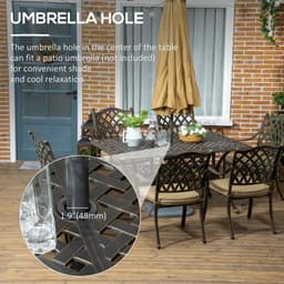 image-Outsunny 7-PC Cast Aluminum Patio Dining Set w/ Umbrella Hole & Cushion, Bronze